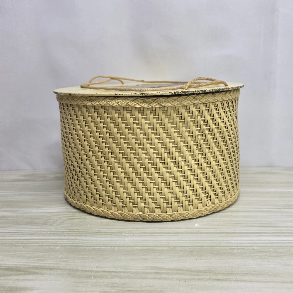Vintage Soft Yellow Wicker Sewing Basket